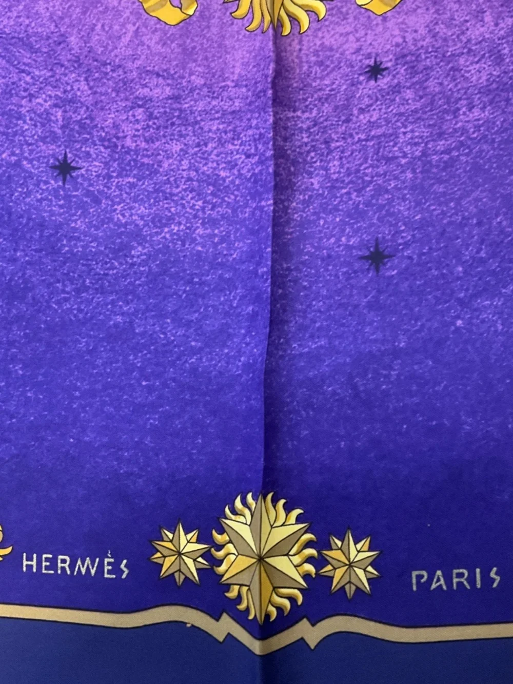 HERMES PURPLE / GOLD MULTI COSMOS PRINT SQUARE SILK TWILL SCARF